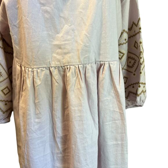 Madewell V-Neck Dress Linen Blend Embroidered Neckline & Peasant Sleeves SZ SM - Picture 4 of 10